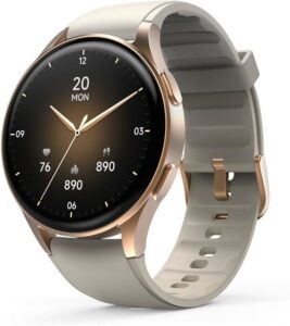 Hama Smartwatch GPS (zegarek inteligentny, smart, AMOLED 1.3, Bluetooth, wodoodporny, ładowanie magnetyczne, always-on, silikonowy pasek, złota koperta, rozmowy, 1,32") beżowy