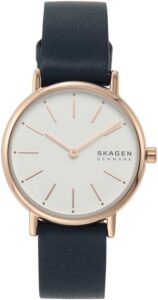Skagen Signatur Lille Zegarek dla kobiet, Kwarcowy dwuwskazówkowy mechanizm w kolorze różowego złota z paskiem ze stali szlachetnej lub skóry