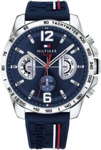 Tommy Hilfiger analogowy wielofunkcyjny zegarek kwarcowy dla mężczyzn z silikonem, stalą szlachetną lub skórzaną bransoletką, podtarczami na dzień i datę, wodoszczelny do 5 ATM.