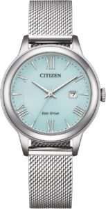 CITIZEN Eco-Drive solarny zegarek damski z taśmą siatkową ze stali nierdzewnej i datą w różnych wariantach