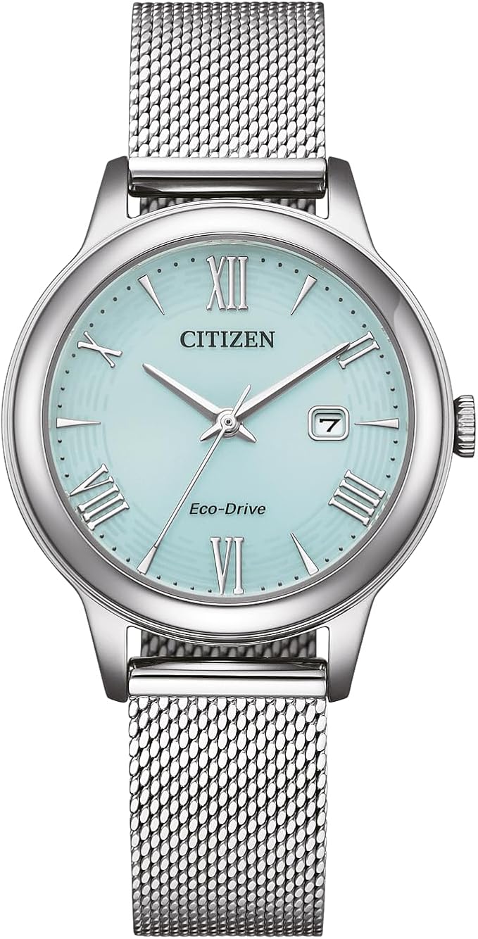 CITIZEN Eco-Drive solarny zegarek damski z taśmą siatkową ze stali nierdzewnej i datą w różnych wariantach
