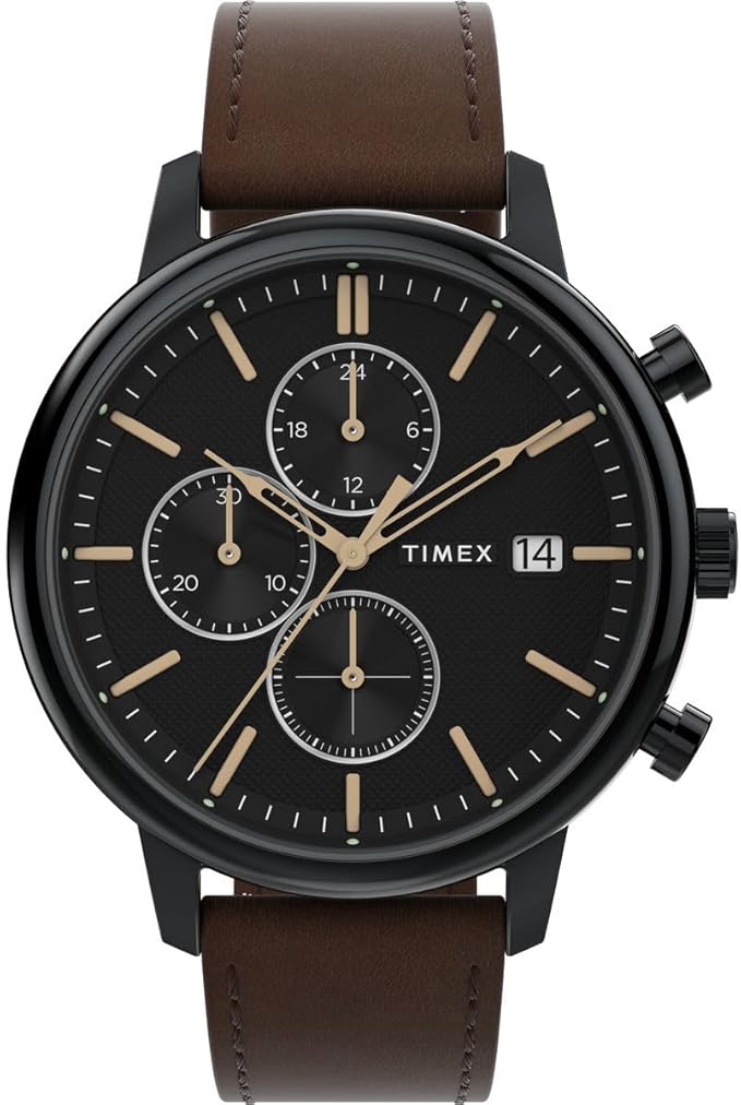 Timex Chicago Tw2W13200 Zegarek Męski, 45 mm, Brązowy Skórzany Pasek i Czarna Tarcza