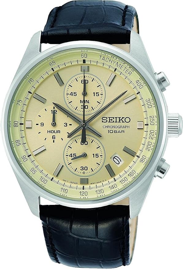 Seiko Męski zegarek kwarcowy stal szlachetna ze skórzanym paskiem, beżowy, chronograf