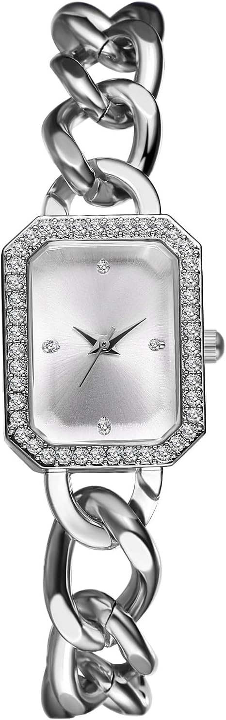 JewelryWe Zegarki damskie, analogowe, kwarcowe, luksusowe, eleganckie, datownik, kalendarz, 30 m, wodoszczelny, stras, prostokątny, ze stali nierdzewnej, biznesowy, z narzędziami do zegarka