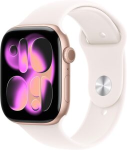 Apple Watch Series 11 GPS + Cellular 42 mm Smartwatch, koperta z aluminium kolor różowe złoto, Pasek sportowy kolor łagodny róż - S/M. Wynik snu, monitor fitness, monitorowanie stanu zdrowia
