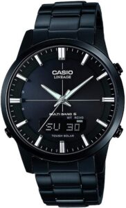 Casio męski zegarek na rękę, solarny i radiowy, szkło szafirowe, masywna obudowa ze stali nierdzewnej i bransoletka