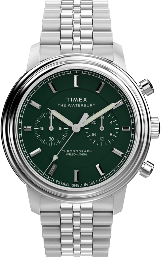 Timex Waterbury Metropolitan Chronograph Tw2Y23600 Zegarek Męski, 41 mm, Bransoleta ze Stali Nierdzewnej i Zielona Tarcza