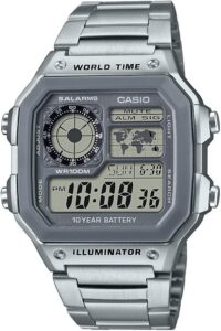Casio Męski cyfrowy zegarek kwarcowy z paskiem ze stali nierdzewnej AE-1200WHD-7AVCF, Srebrny, Sport