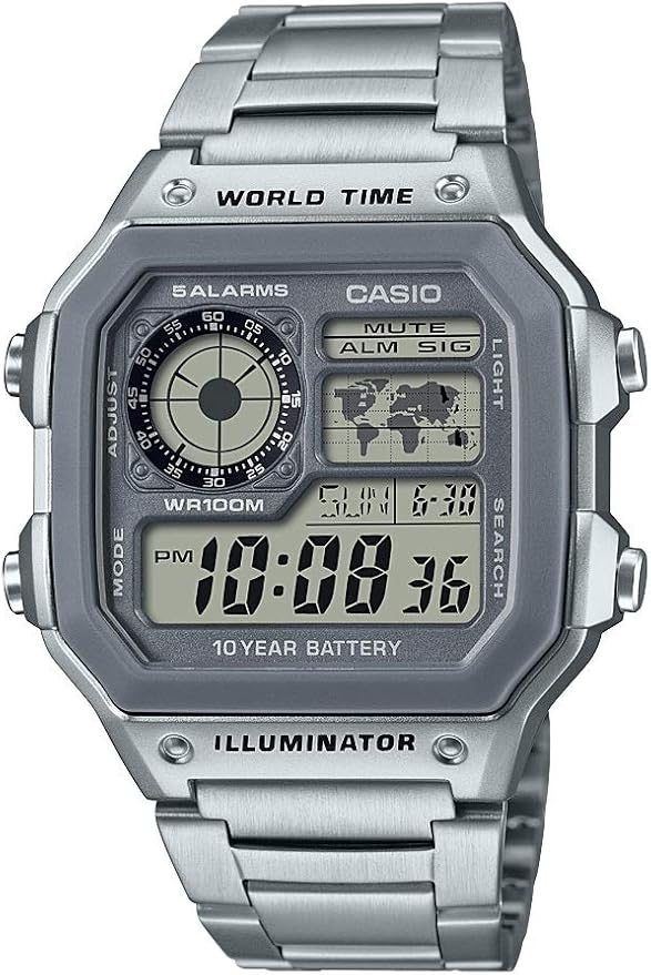 Casio Męski cyfrowy zegarek kwarcowy z paskiem ze stali nierdzewnej AE-1200WHD-7AVCF, Srebrny, Sport