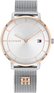 Tommy Hilfiger Analogowy zegarek kwarcowy dla kobiet, z bransoletą z siatki ze stali nierdzewnej, dostępny w kolorze srebrnym, złotym, różowozłotym lub granatowym