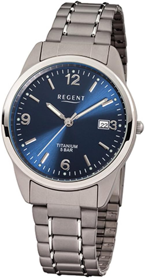 REGENT Zegarek męski z tytanowymi ogniwami bransoletka i tytanowa obudowa 36 mm średnica kwarcu cyfry arabskie data, niebieski, bransoletka
