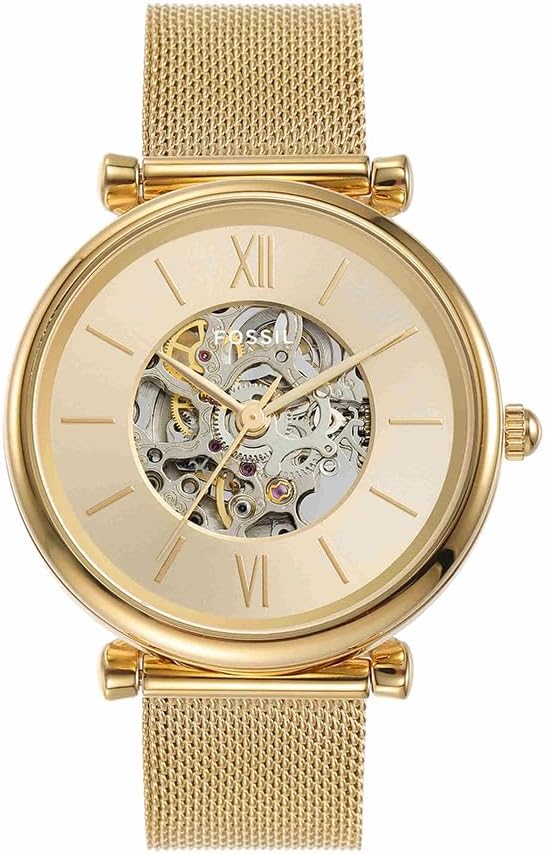 Fossil Carlie Zegarek damski, mechanizm automatyczny z paskiem siatkowym lub skórzanym ze stali szlachetnej