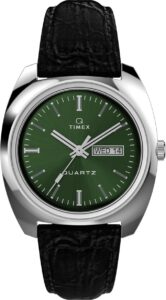 Timex Q zegarek męski 37,5 mm – czarny pasek dwuczęściowy szybkiego zakładania, zielona tarcza, koperta ze stali nierdzewnej, TW2W44700