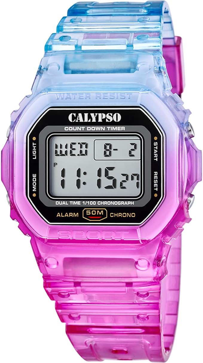 CALYPSO Męski i damski zegarek cyfrowy - gumowy unisex - wodoodporny 5 ATM data i kalendarz, chronograf, podwójny harmonogram, światło, alarm, 12 i 24 godziny K5874 - kolor Splash