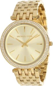 Michael Kors damski zegarek Darci, kwarcowy mechanizm trzywskazówkowy w kolorze złotym z paskiem ze stali szlachetnej