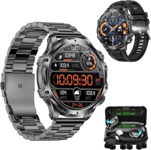 Smartwatch AK75 1.9" Bluetooth z rozmowami + słuchawki | Pulsometr, ciśnienie, SpO₂, 112 trybów sportowych, IP67, FitCloudPro, stalowa bransoleta i pasek silikonowy (czarny)