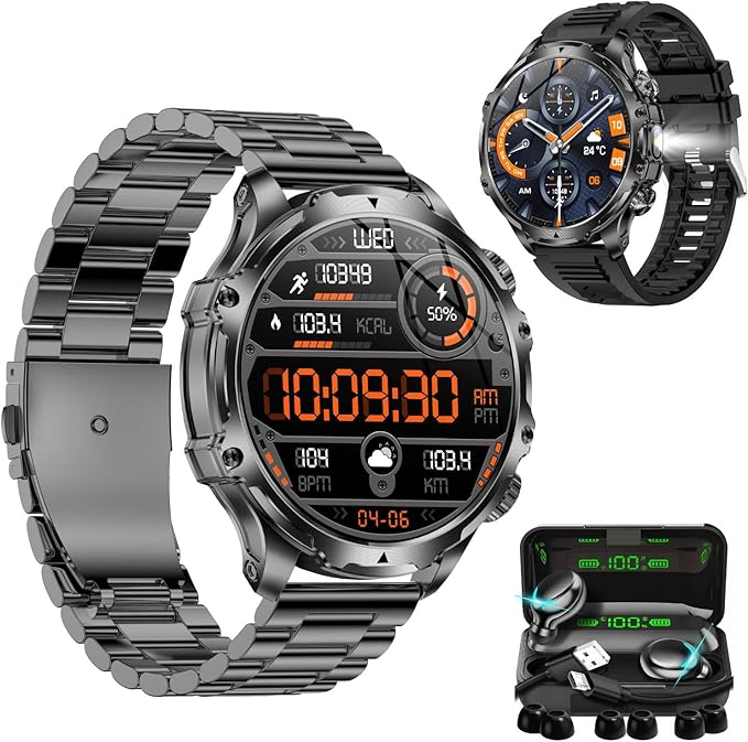 Smartwatch AK75 1.9" Bluetooth z rozmowami + słuchawki | Pulsometr, ciśnienie, SpO₂, 112 trybów sportowych, IP67, FitCloudPro, stalowa bransoleta i pasek silikonowy (czarny)