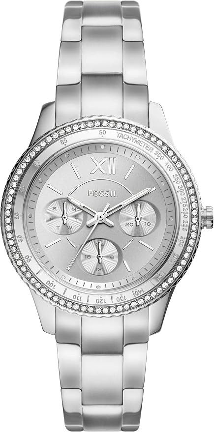 FOSSIL Zegarek damski Stella Sport, 37 mm, rozmiar koperty, kwarcowy mechanizm wielofunkcyjny, pasek ze stali nierdzewnej, Srebrny, bransoletka