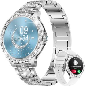 LIGE Damski smartwatch z połączeniem Bluetooth, 1,32" Diamentowy Smartwatch, Monitor snu, Cykl menstruacyjny, krokomierz, 500+ Inteligentny zegarek na Androida iOS, srebrna stal nierdzewna