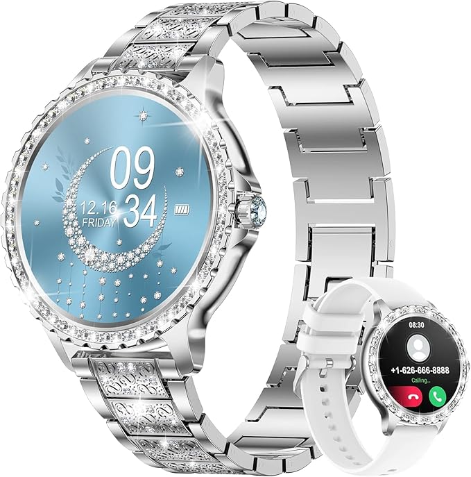 LIGE Damski smartwatch z połączeniem Bluetooth, 1,32" Diamentowy Smartwatch, Monitor snu, Cykl menstruacyjny, krokomierz, 500+ Inteligentny zegarek na Androida iOS, srebrna stal nierdzewna