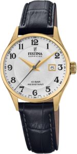 Festina F20011/5 Zegarek damski Swiss Made Złoty Skórzany pasek ze stali nierdzewnej Czarny, Szary, Klasyczny