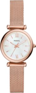 Fossil damski zegarek Carlie, kwarcowy mechanizm trzywskazówkowy w kolorze różowego złota z paskiem ze stali szlachetnej