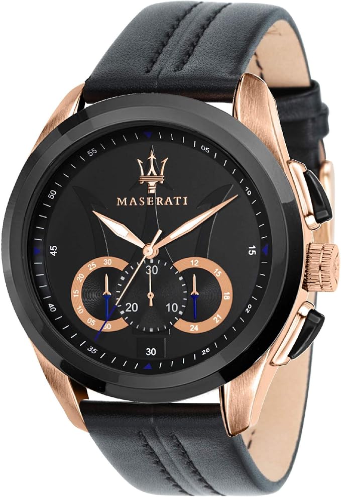 Maserati męski zegarek kwarcowy z chronografem ze skórzanym paskiem R8871612025, czarny, Taglia unica, Klasyczny luksus