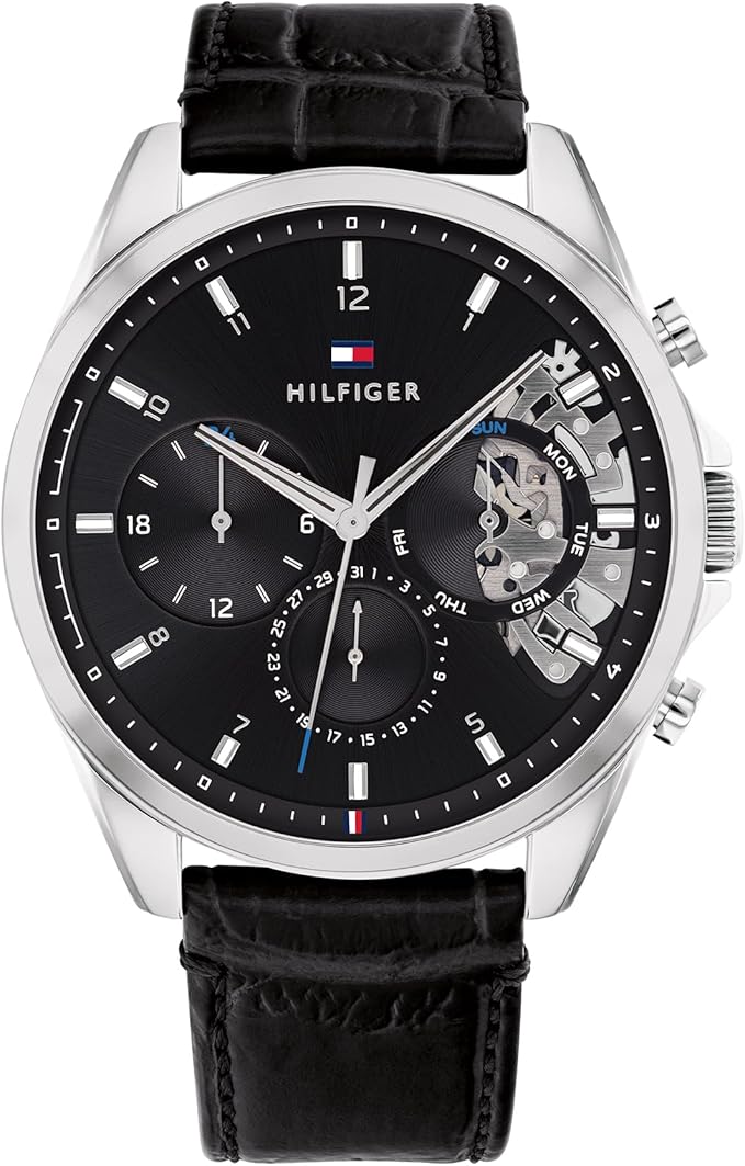Tommy Hilfiger Analogowy wielofunkcyjny zegarek kwarcowy dla mężczyzn z siatką ze stali nierdzewnej, bransoletką ogniwową i skórzanym paskiem