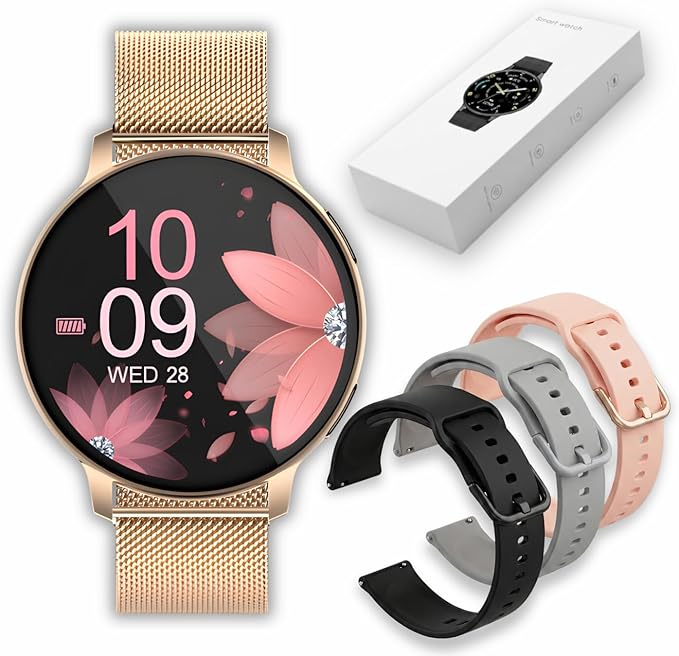 Smartwatch damski, ekran dotykowy 1,39 cala, funkcja telefonu, różowe złoto | Wodoodporny tracker fitness ze 120 trybami sportowymi. Mierzy tętno, SpO2, sen i cykl kompatybilny z systemem iOS/Android