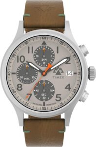 Timex Zegarek Męski Expedition North 42 mm, Brązowa Skóra, Pasek Wegański, Szybkozłączka, Szara Tarcza IP, Stalowa Obudowa TW2Y29900