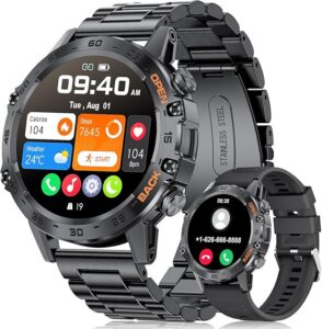 LIGE Wojskowy smartwatch dla mężczyzn (2 paski), wytrzymały smartwatch HD AMOLED 3.6 cm (odpowiedź/nawiązywanie połączeń) do systemu Android iOS, zegarek fitness, czarny zegarek sportowy z 120 trybami