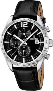 Festina Męski analogowy zegarek kwarcowy ze skóry 32003026, czarny i srebrny, Rozmiar uniwersalny, Klasyczny sportowy