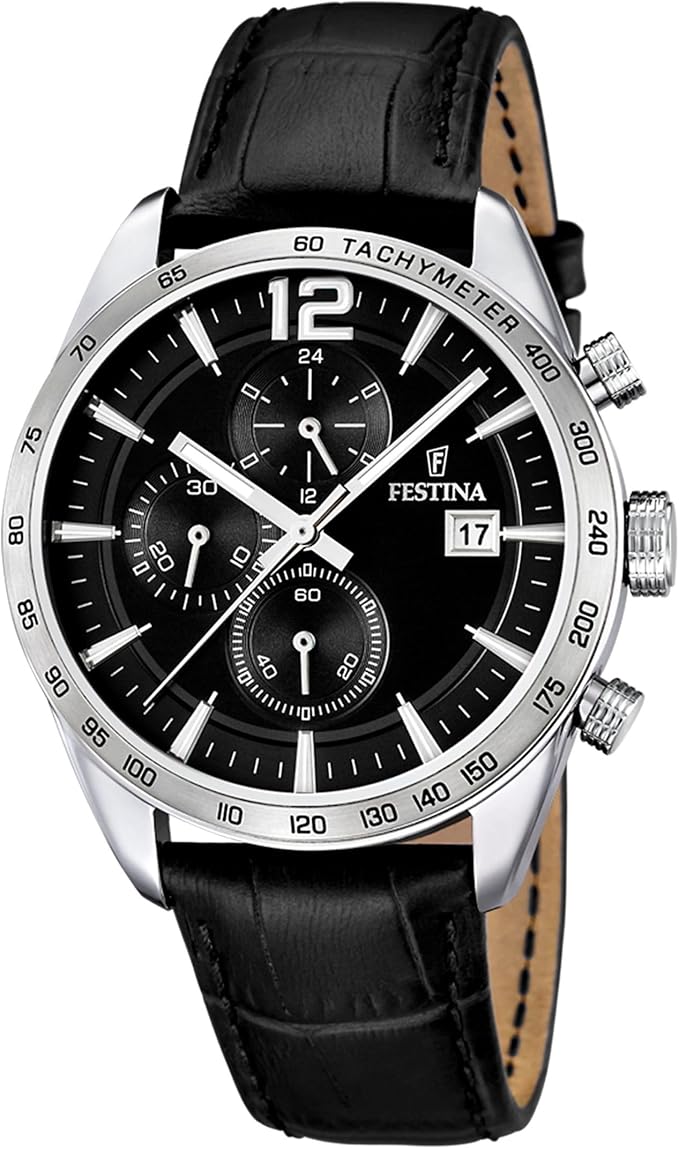Festina Męski analogowy zegarek kwarcowy ze skóry 32003026, czarny i srebrny, Rozmiar uniwersalny, Klasyczny sportowy