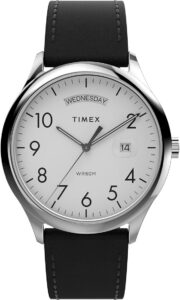 Timex Easy Reader Zegarek męski 40 mm – czarny skórzany pasek z białą tarczą i srebrną kopertą TW2W68300