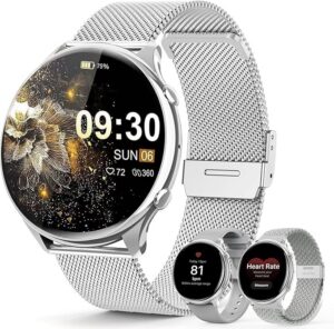 Smartwatch damski z funkcją telefonu, ekran dotykowy TFT HD 1,39", wodoszczelność IP67, 120 Sport SpO2, pulsometr, cykl menstruacyjny, monitor snu, zegarek na rękę do iOS Android, srebrny